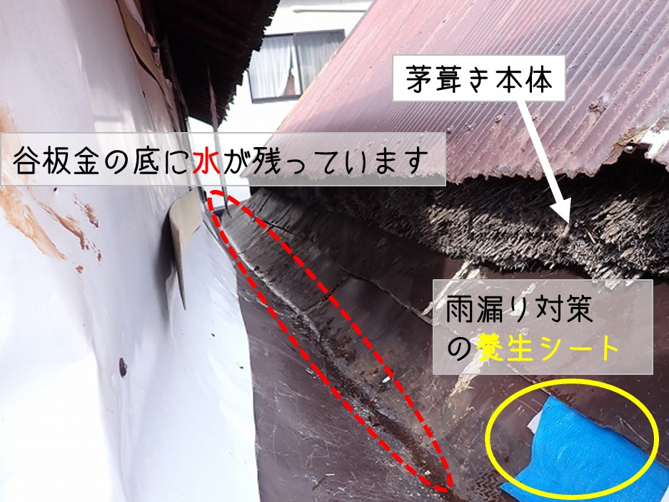 広島県坂町　雨漏り調査　谷板金　雨水が残っている